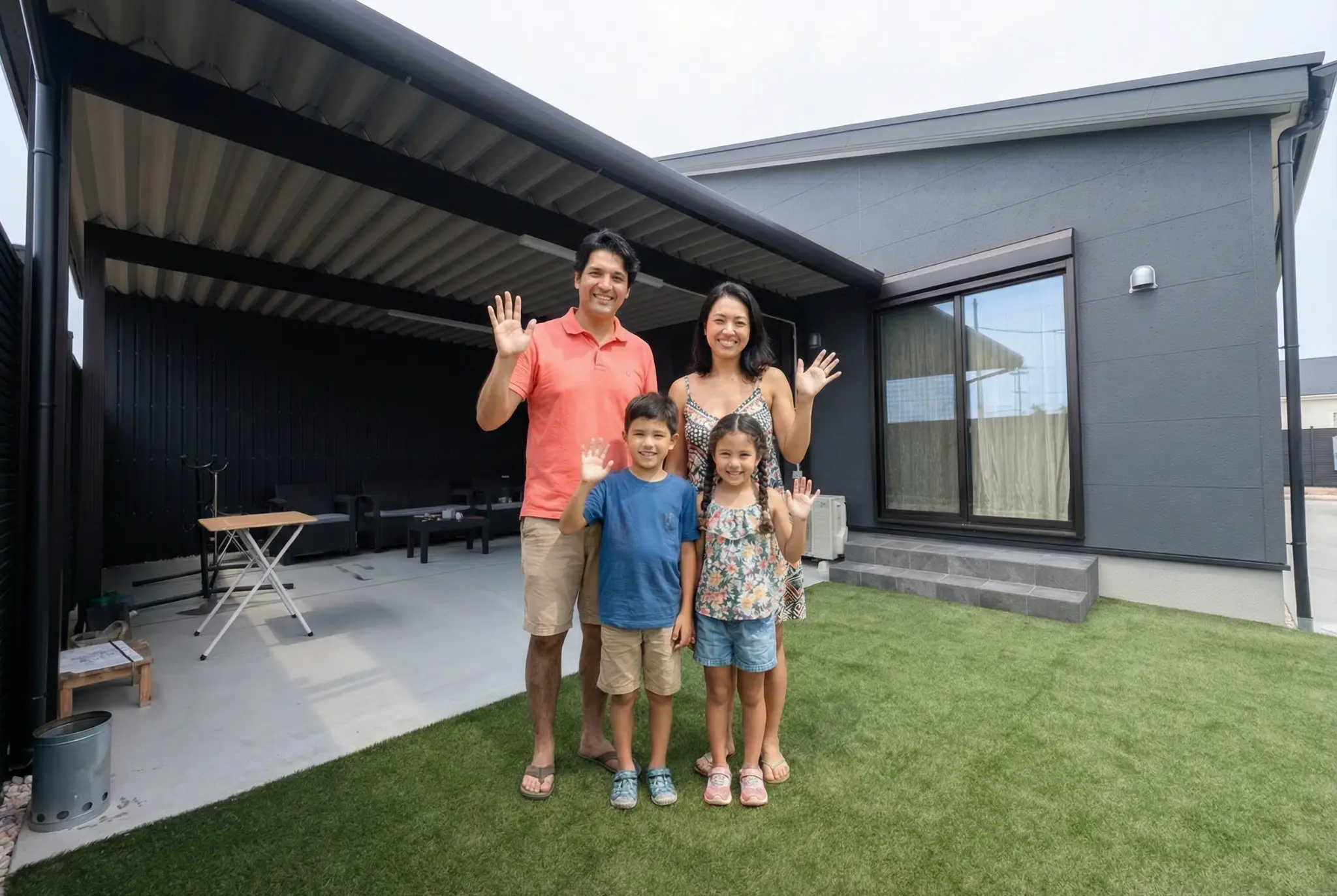 Família feliz no quintal renovado