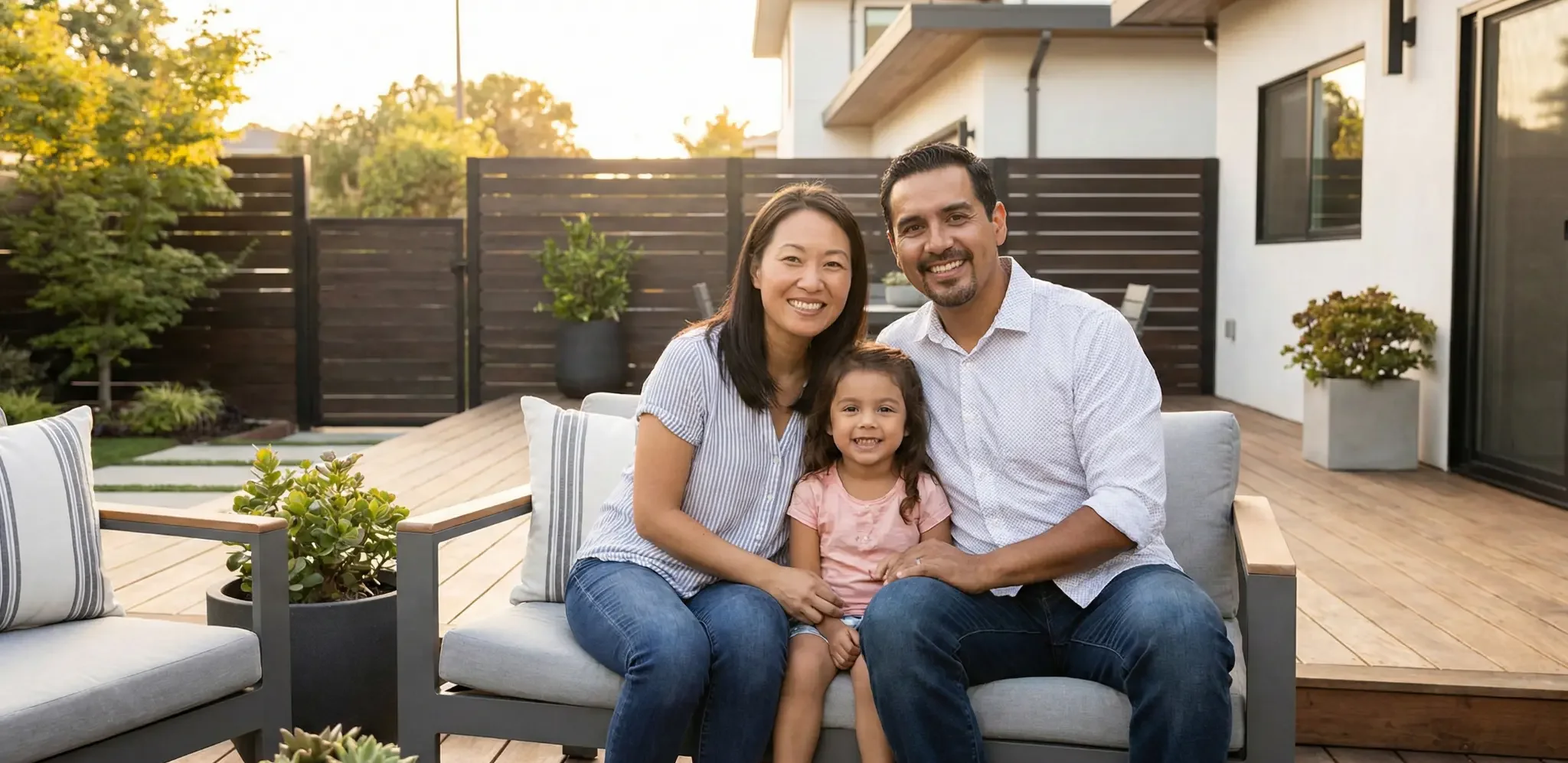 Família feliz no quintal renovado